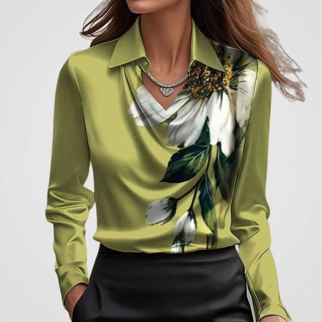 Women's Elegant Draped-Neck Long-Sleeve Satin Blouse