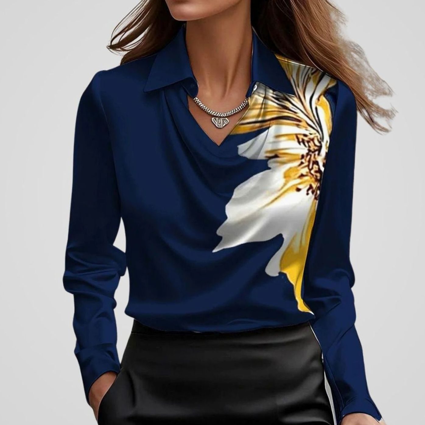 Women's Elegant Draped-Neck Long-Sleeve Satin Blouse