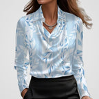 Women's Elegant Draped-Neck Long-Sleeve Satin Blouse