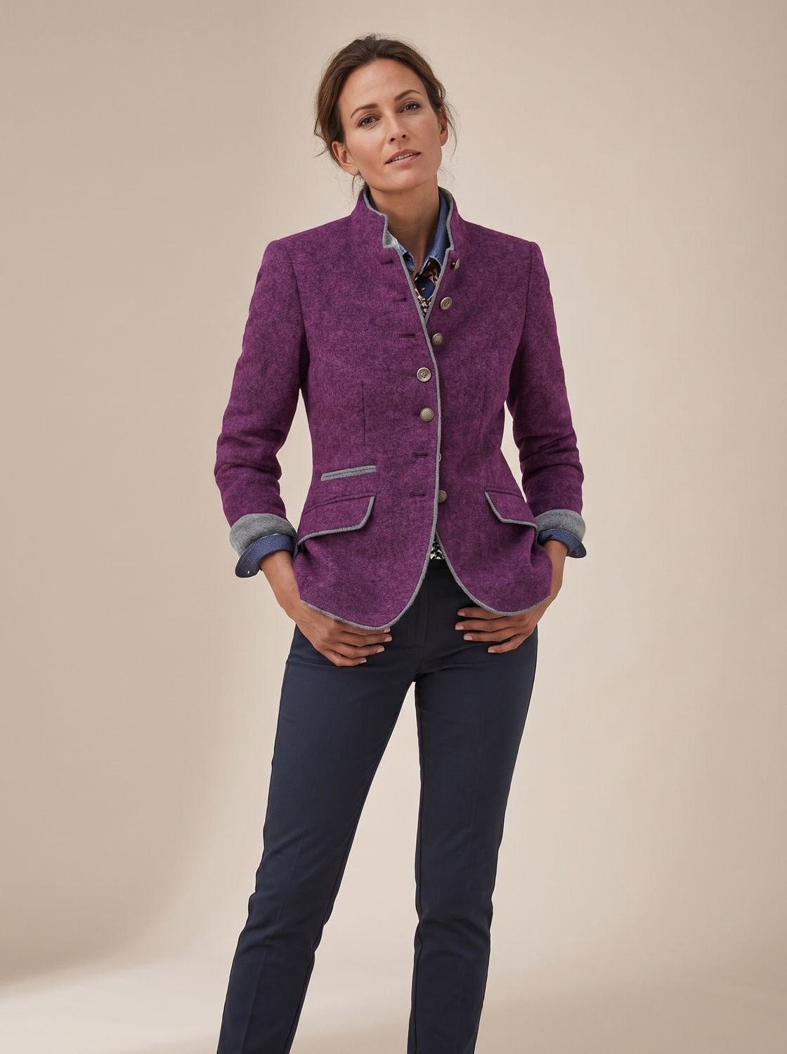 Women's Mandarin Collar Cardigan Jacket with Contrast Piping - Purple