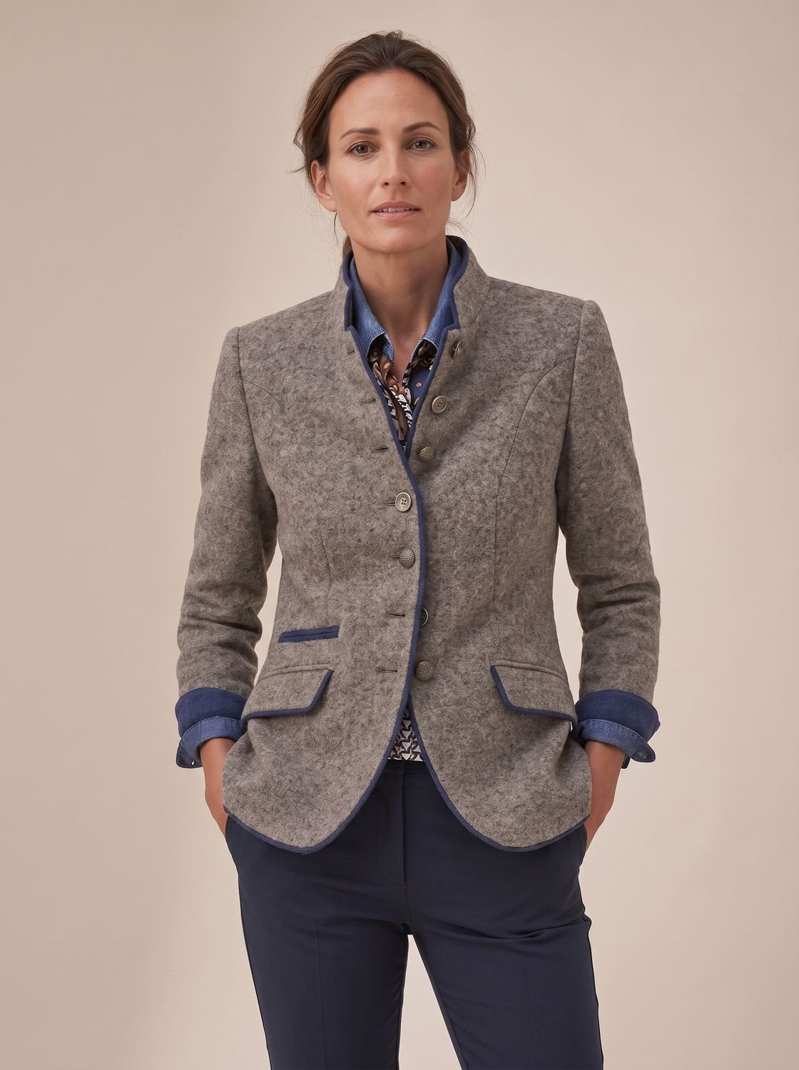 Women's Mandarin Collar Cardigan Jacket with Contrast Piping - Caramel