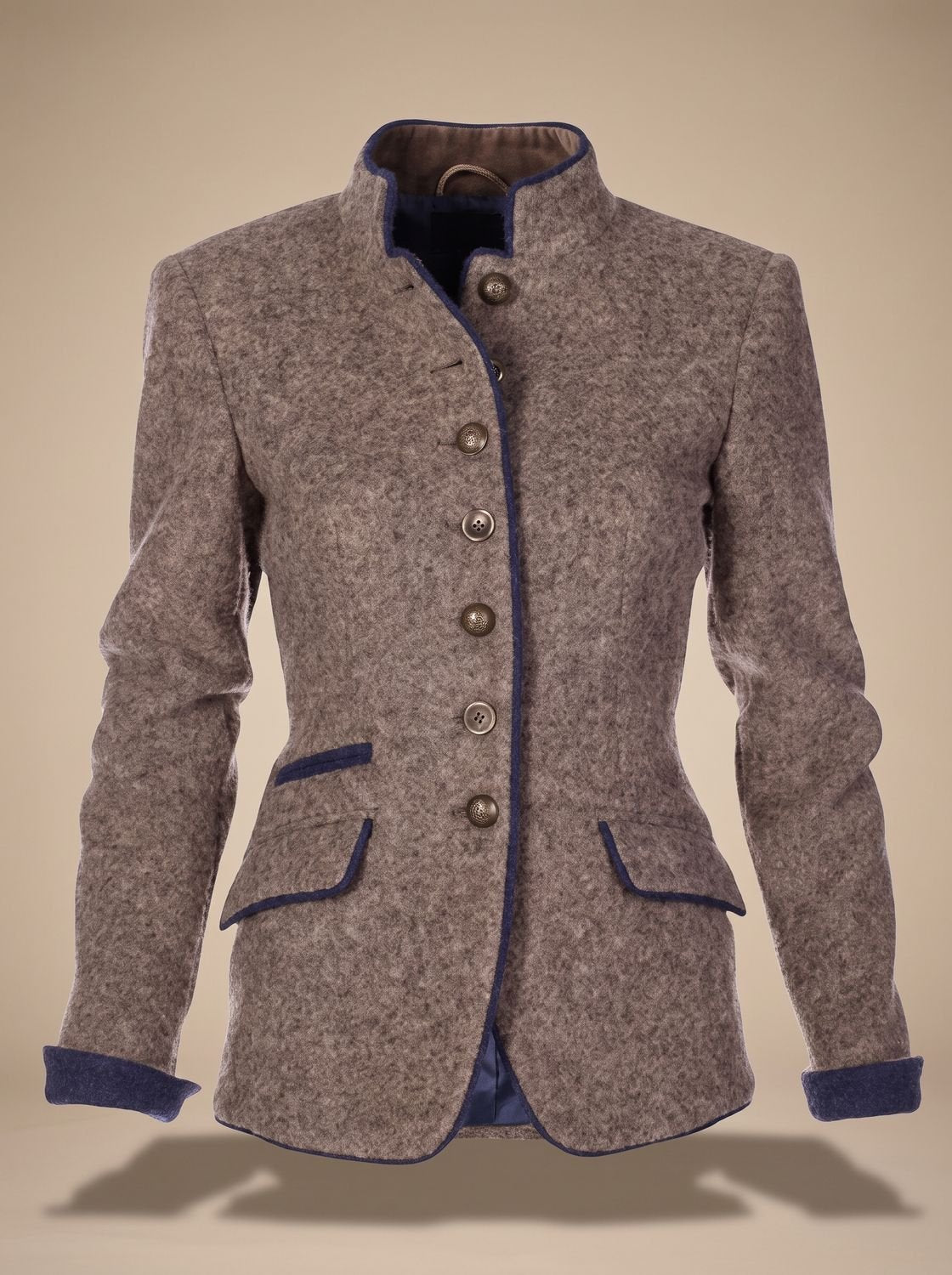 Women's Mandarin Collar Cardigan Jacket with Contrast Piping