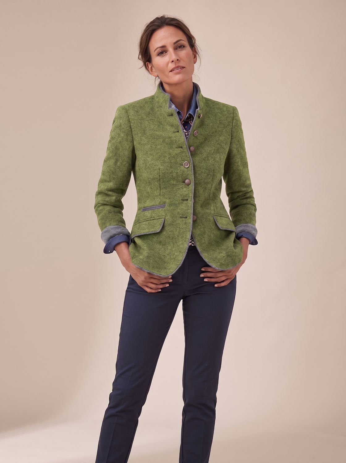 Women's Mandarin Collar Cardigan Jacket with Contrast Piping - Green