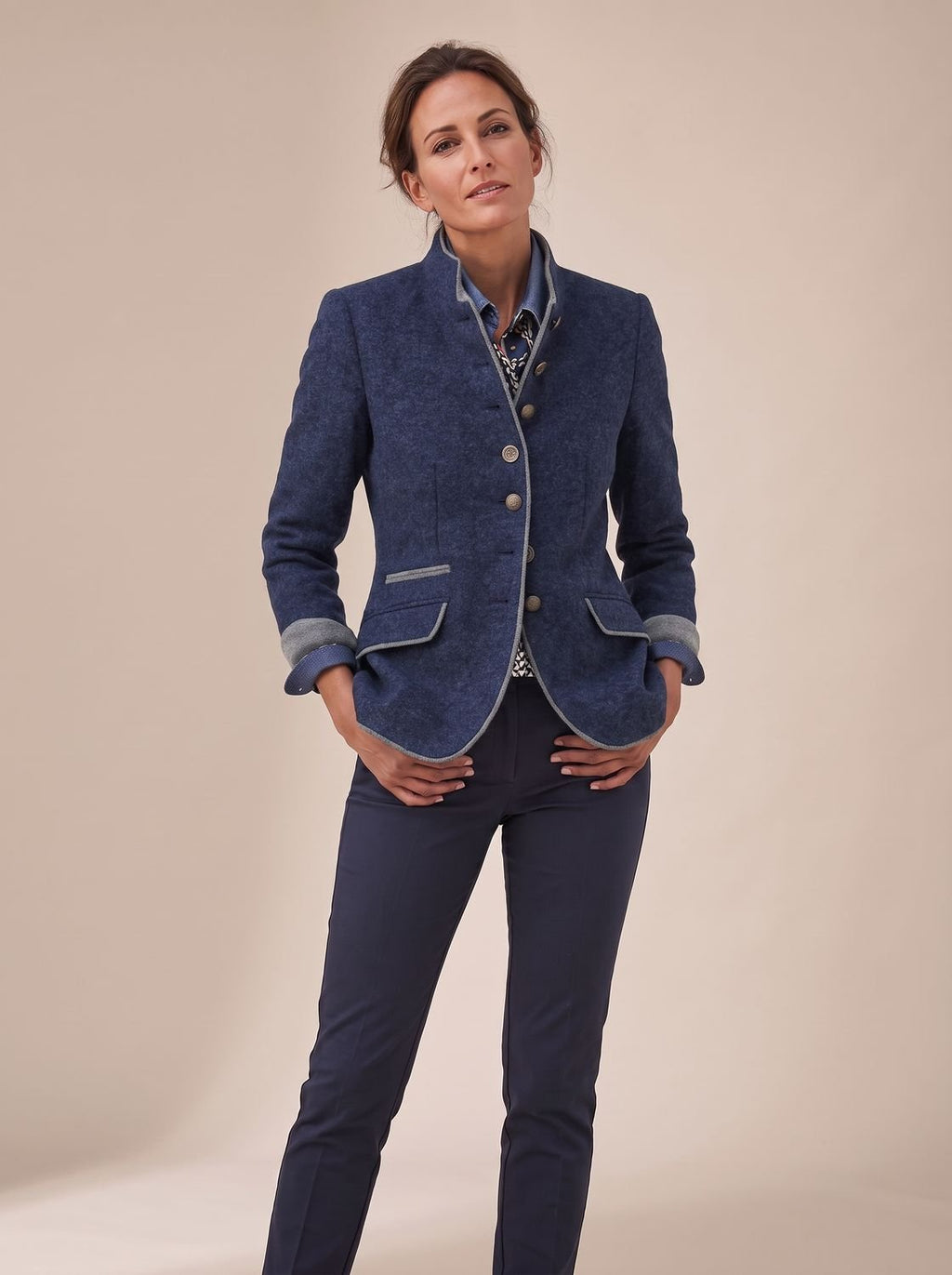 Women's Mandarin Collar Cardigan Jacket with Contrast Piping - Blue