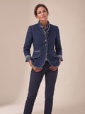 Women's Mandarin Collar Cardigan Jacket with Contrast Piping - Blue