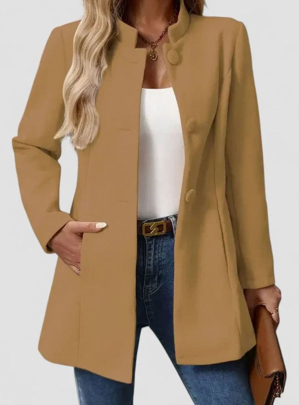 Women's Stand-Collar Tailored Office Jacket with Side Pockets - Camel