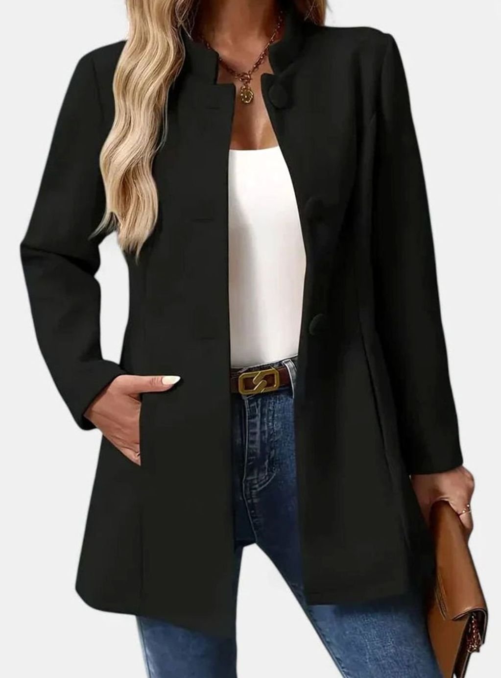 Women's Stand-Collar Tailored Office Jacket with Side Pockets - Black