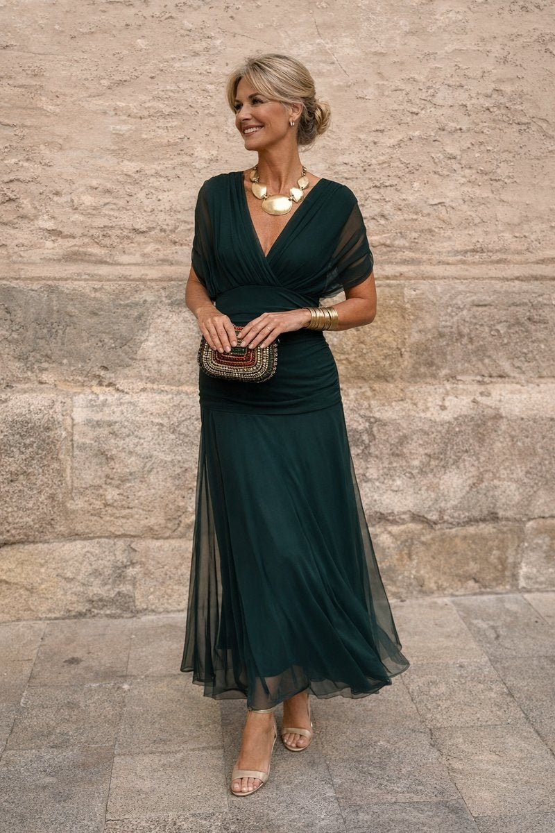 Women's Elegant V-Neck Chiffon Cocktail Party Dress Maxi Length
