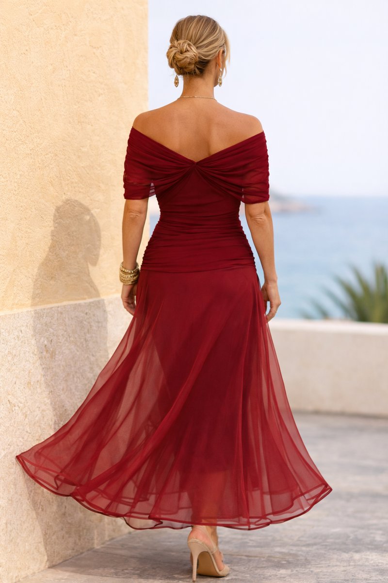 Women's Elegant V-Neck Chiffon Cocktail Party Dress Maxi Length