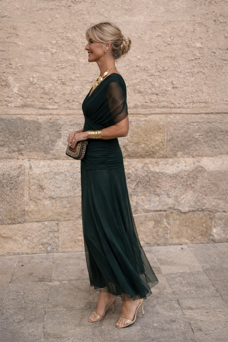 Women's Elegant V-Neck Chiffon Cocktail Party Dress Maxi Length