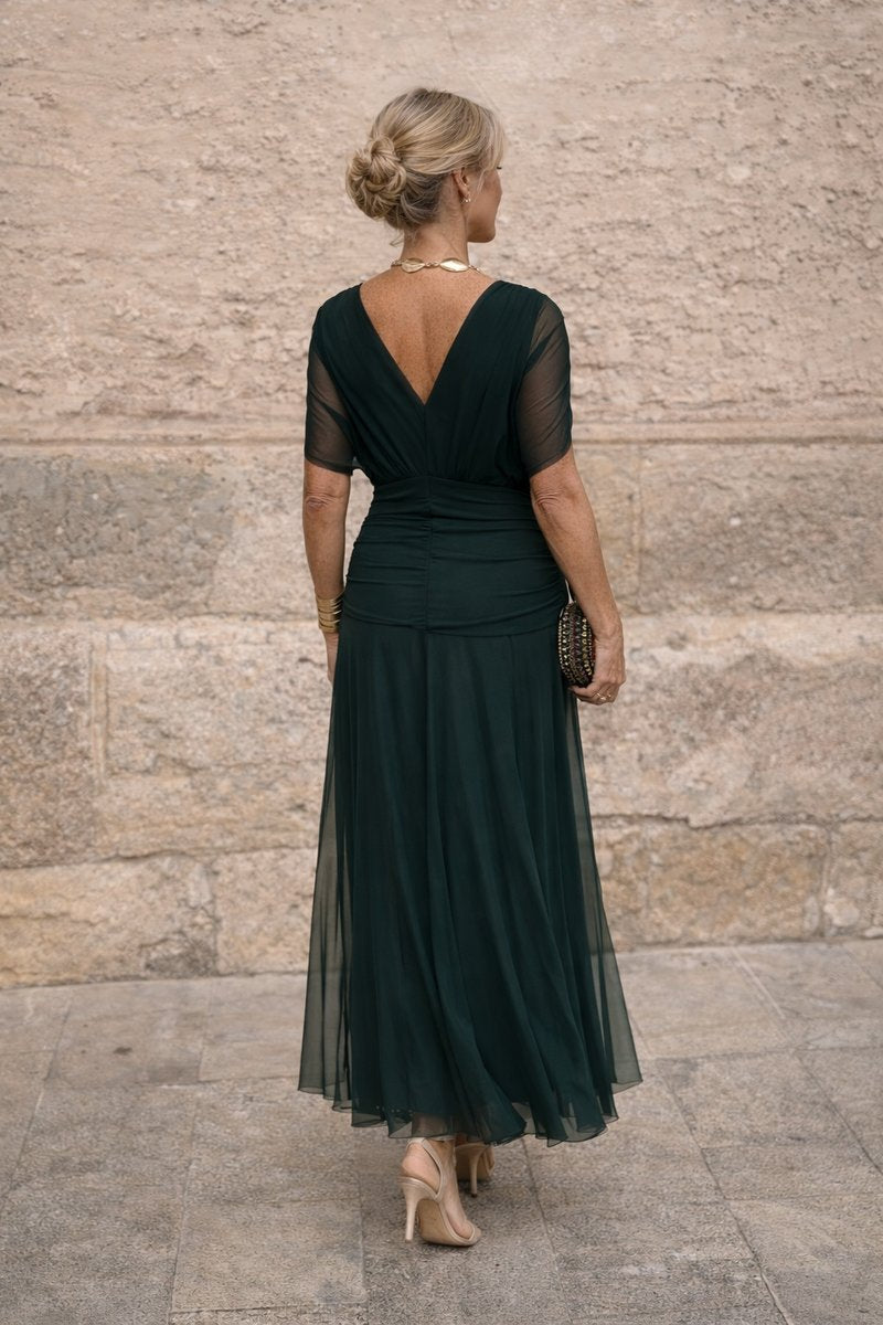 Women's Elegant V-Neck Chiffon Cocktail Party Dress Maxi Length