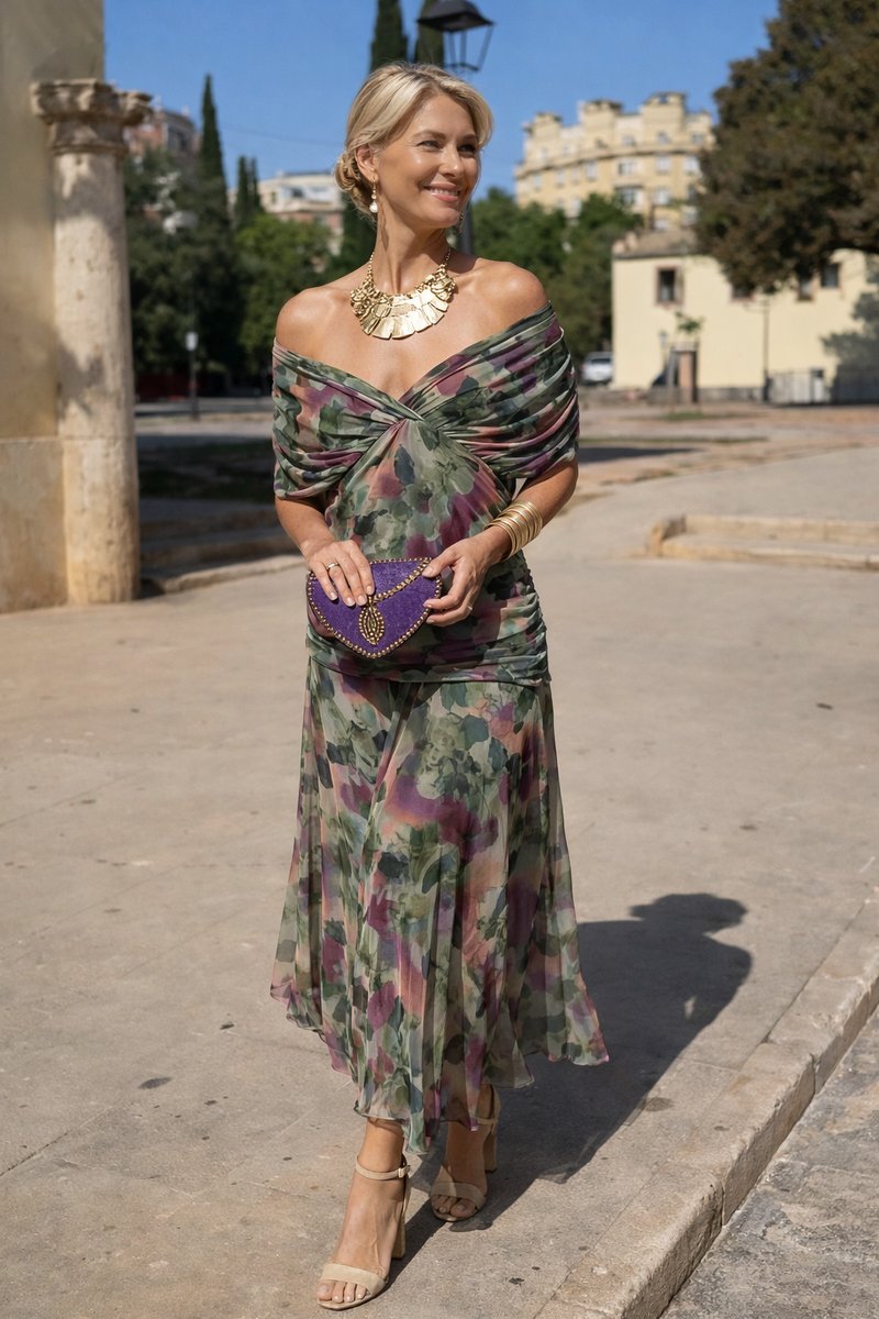 Women's Elegant V-Neck Chiffon Cocktail Party Dress Maxi Length