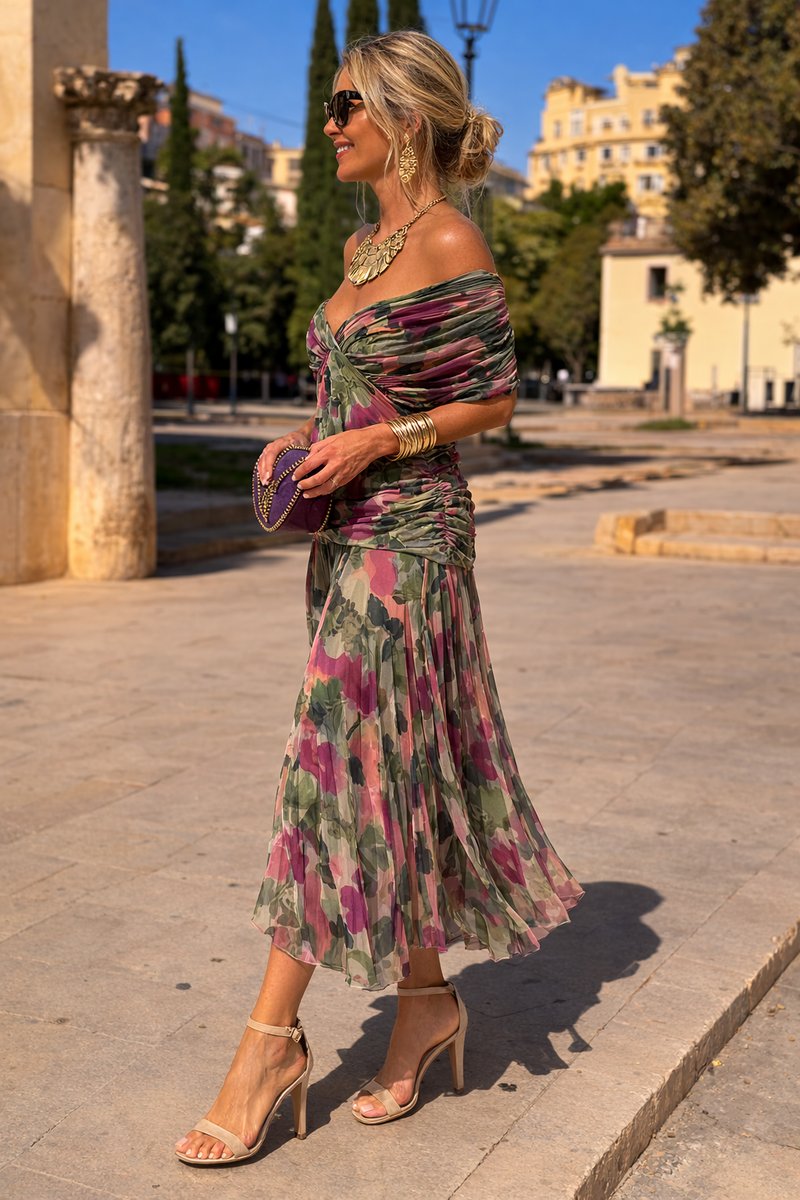 Women's Elegant V-Neck Chiffon Cocktail Party Dress Maxi Length