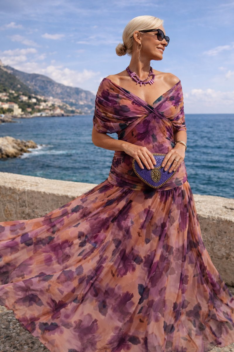 Women's Elegant V-Neck Chiffon Cocktail Party Dress Maxi Length