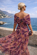 Women's Elegant V-Neck Chiffon Cocktail Party Dress Maxi Length