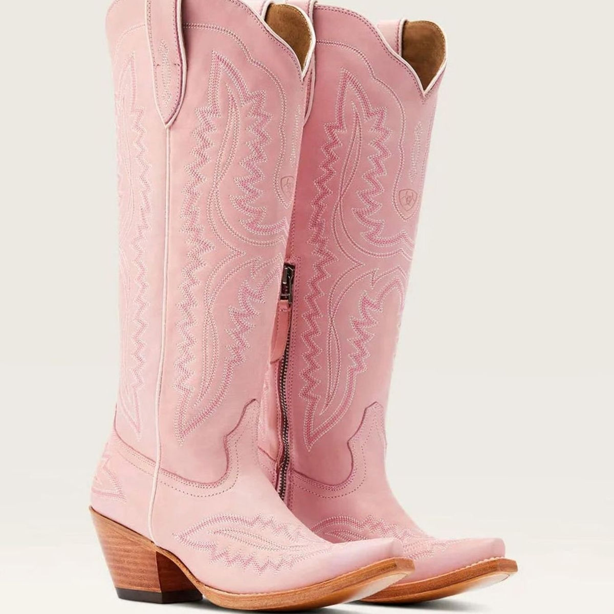 Women's Tall Cowgirl Boots with Tone-on-Tone Embroidery and Side Zip - Pink