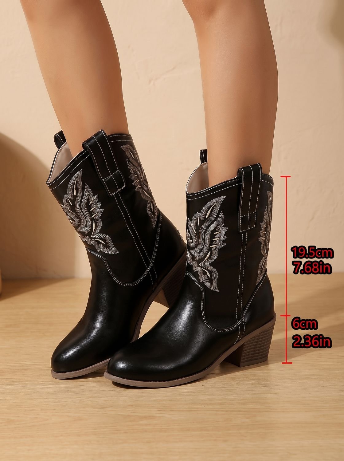 Women's Mid-Calf Cowgirl Boots with Decorative Stitching