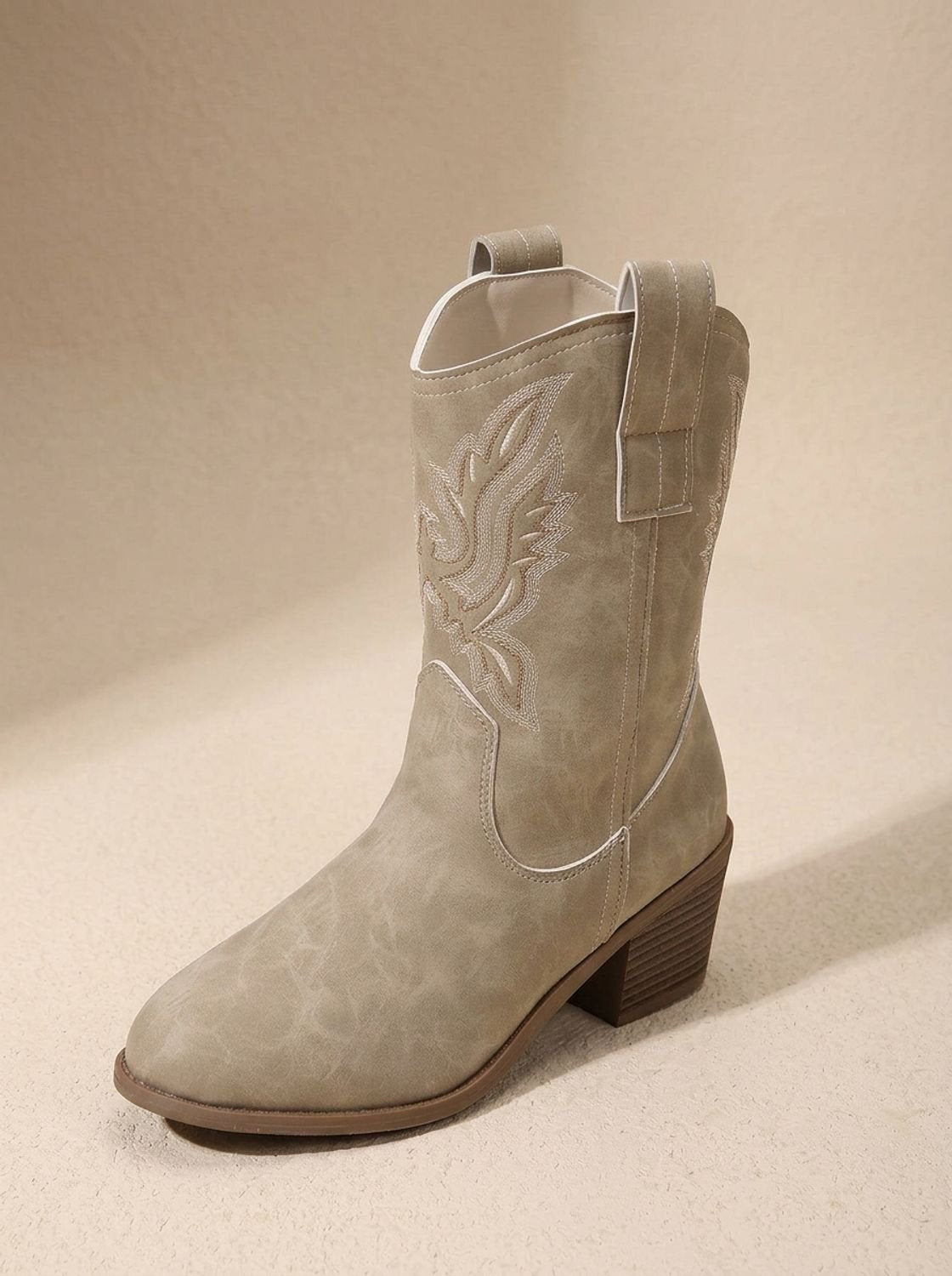Women's Mid-Calf Cowgirl Boots with Decorative Stitching - Ecru
