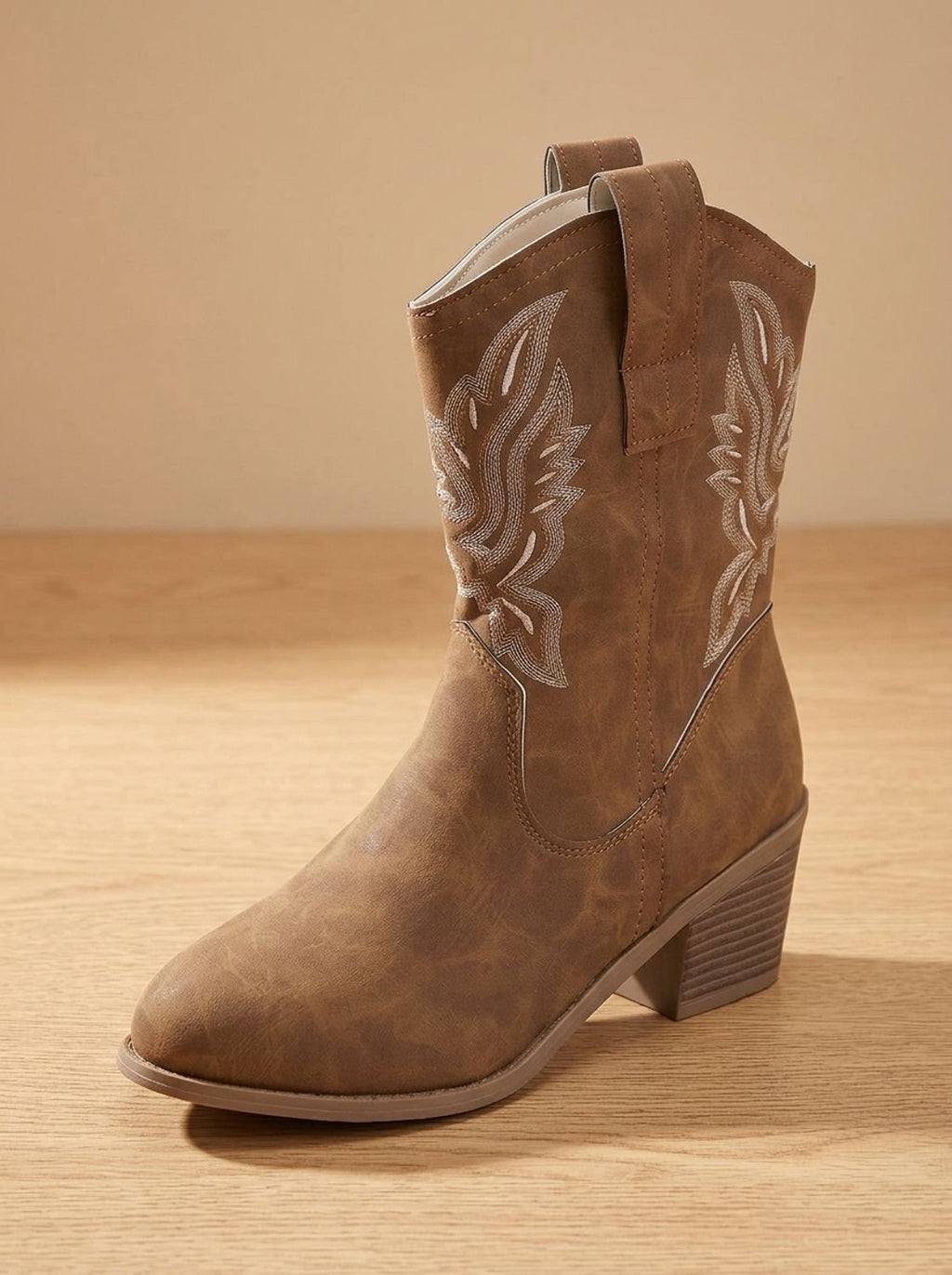 Women's Mid-Calf Cowgirl Boots with Decorative Stitching - Dark Brown