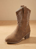 Women's Mid-Calf Cowgirl Boots with Decorative Stitching - Dark Brown