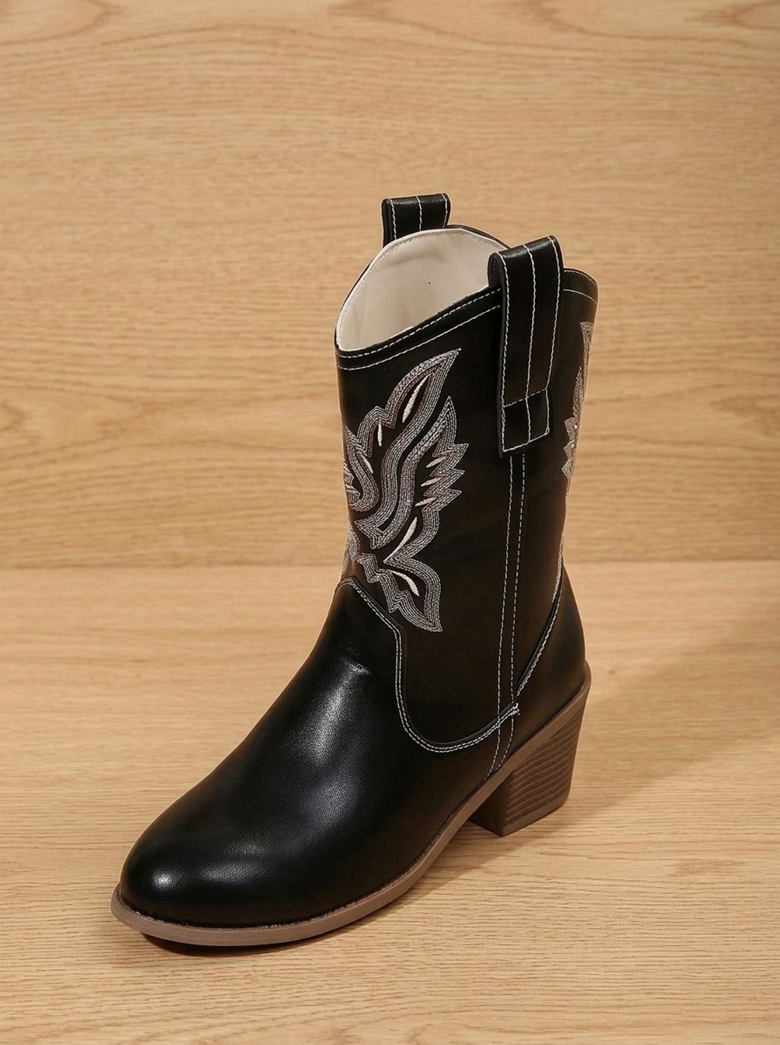 Women's Mid-Calf Cowgirl Boots with Decorative Stitching - Black