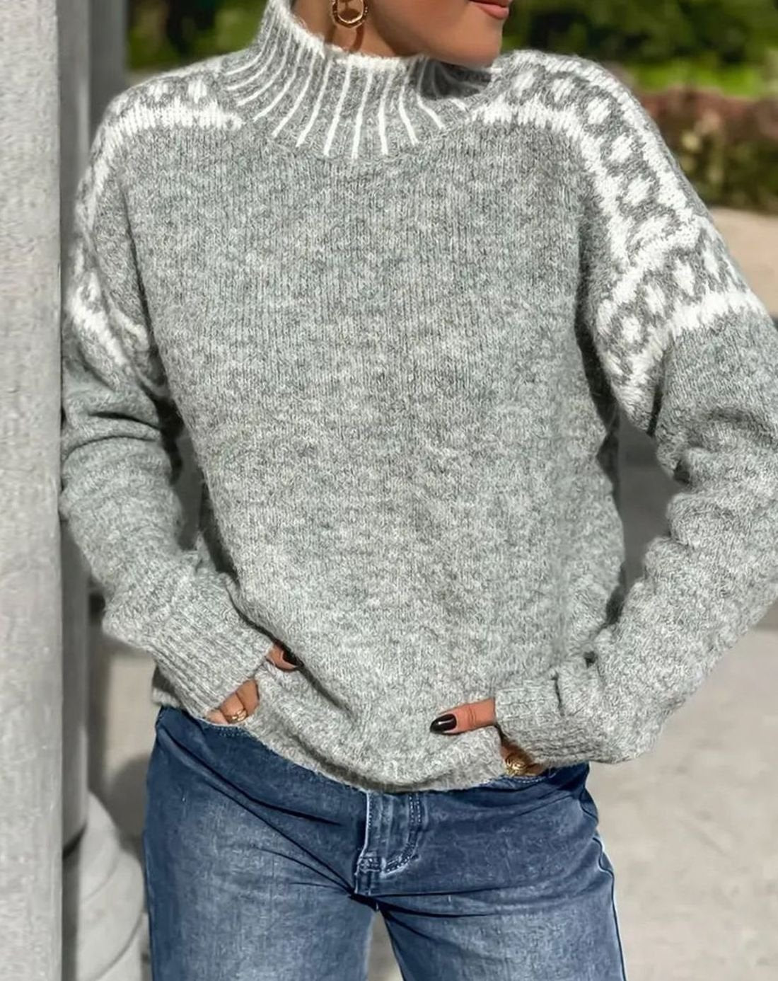 Women's Relaxed Fair Isle Turtleneck for Everyday Wear - Gray