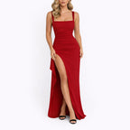 Women's Fall Wedding Guest Dresses Ruched Open-Back Thigh-Slit Maxi