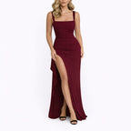 Women's Fall Wedding Guest Dresses Ruched Open-Back Thigh-Slit Maxi
