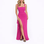 Women's Fall Wedding Guest Dresses Ruched Open-Back Thigh-Slit Maxi