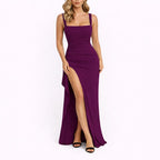 Women's Fall Wedding Guest Dresses Ruched Open-Back Thigh-Slit Maxi