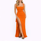 Women's Fall Wedding Guest Dresses Ruched Open-Back Thigh-Slit Maxi