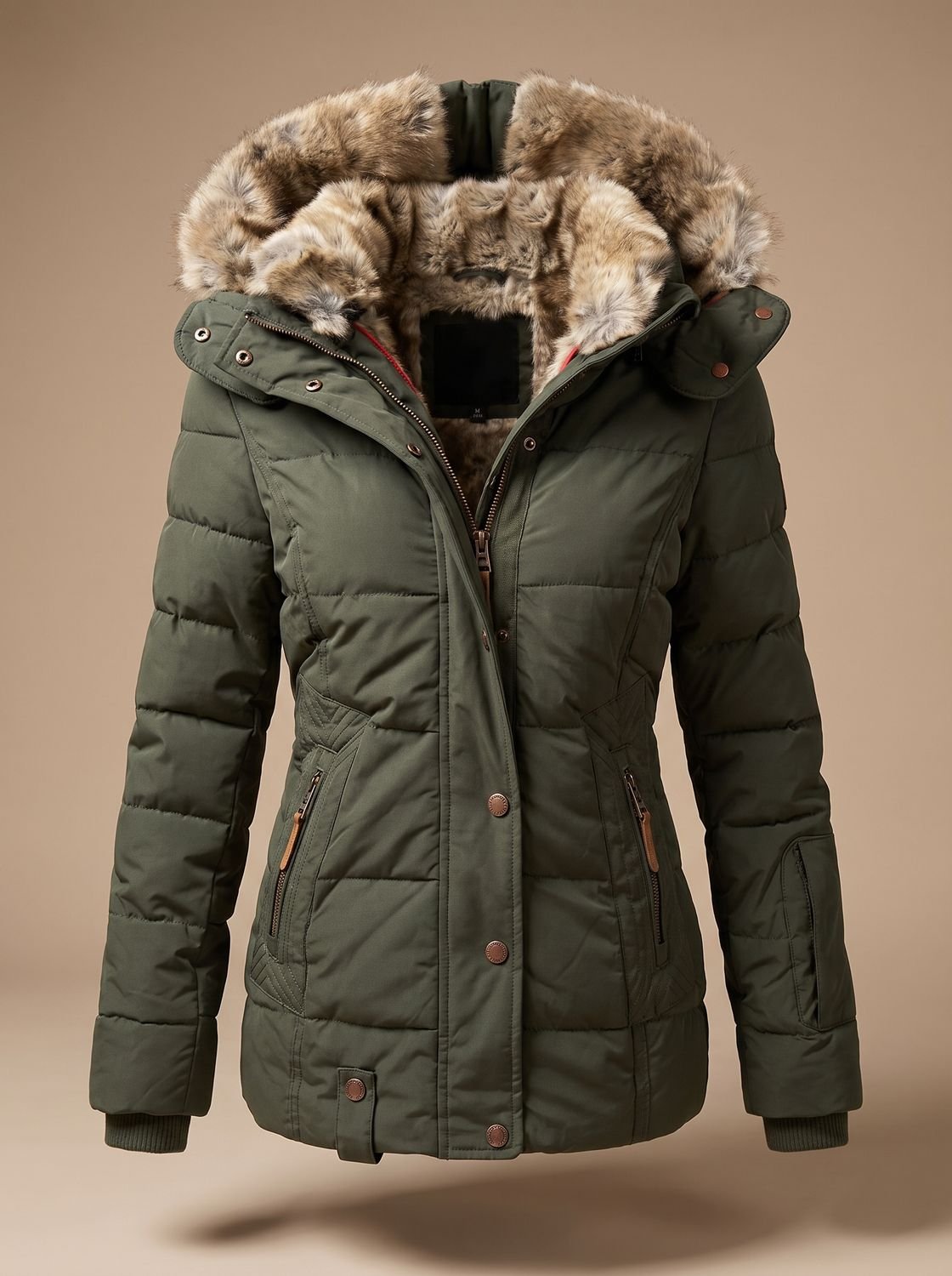 Women's Cinched Waist Quilted Puffer Coat with Faux-Fur Hood - Green