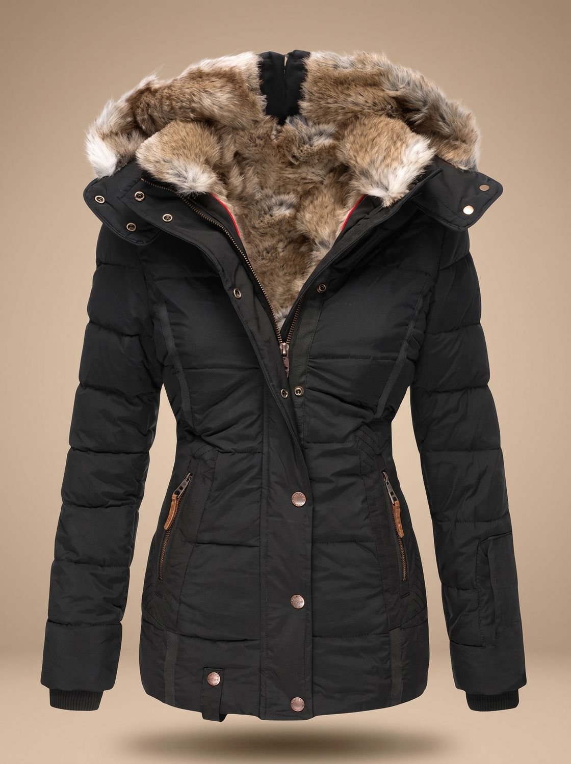 Women's Cinched Waist Quilted Puffer Coat with Faux-Fur Hood - Black