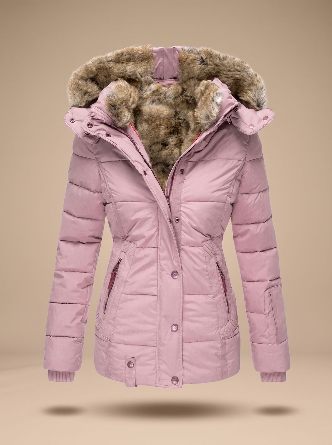 Women's Cinched Waist Quilted Puffer Coat with Faux-Fur Hood - Pink