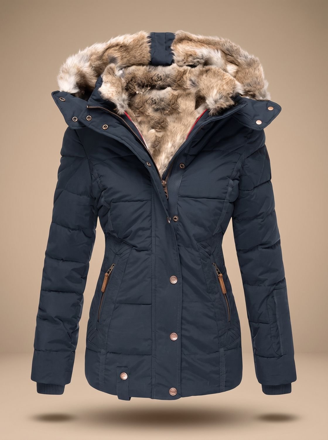 Women's Cinched Waist Quilted Puffer Coat with Faux-Fur Hood - Blue