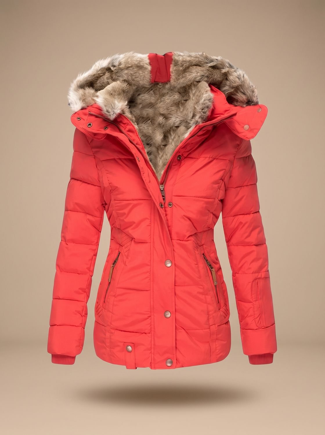 Women's Cinched Waist Quilted Puffer Coat with Faux-Fur Hood - Red