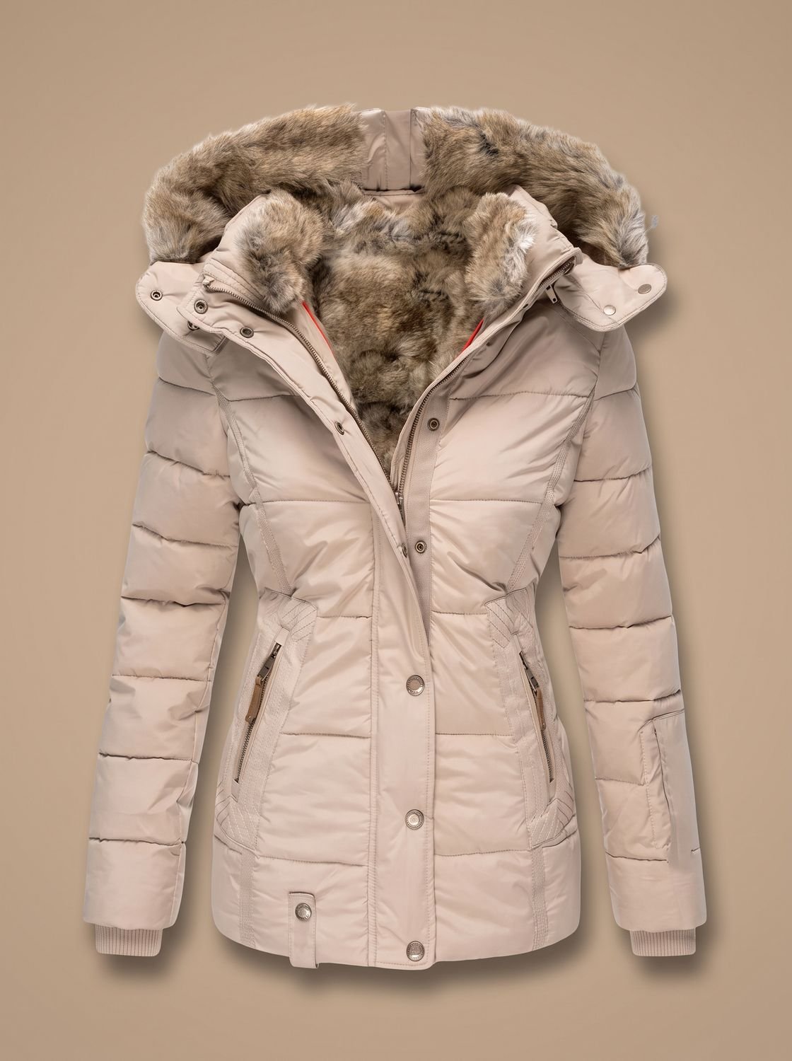 Women's Cinched Waist Quilted Puffer Coat with Faux-Fur Hood - Beige