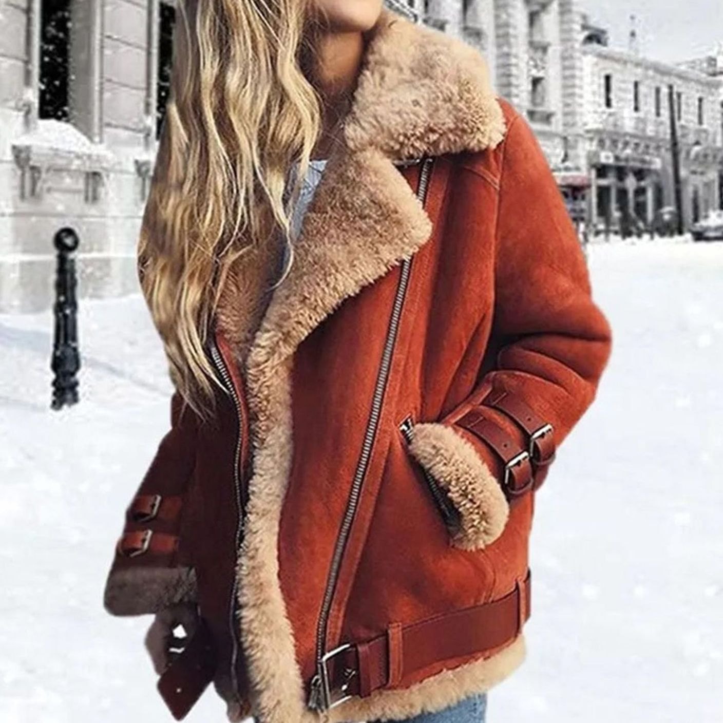 Women's Faux Fur Lined Oversized Suede Moto Jacket