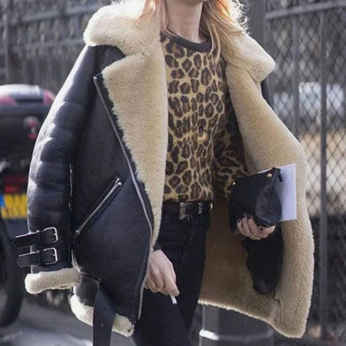 Women's Faux Fur Lined Oversized Suede Moto Jacket