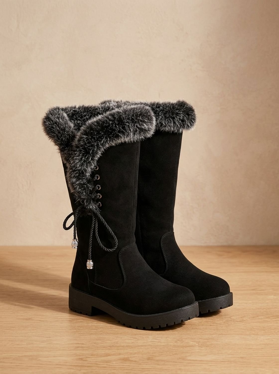 Women's Fur-Trimmed Cold-Weather Boots with Chunky Tread - Black