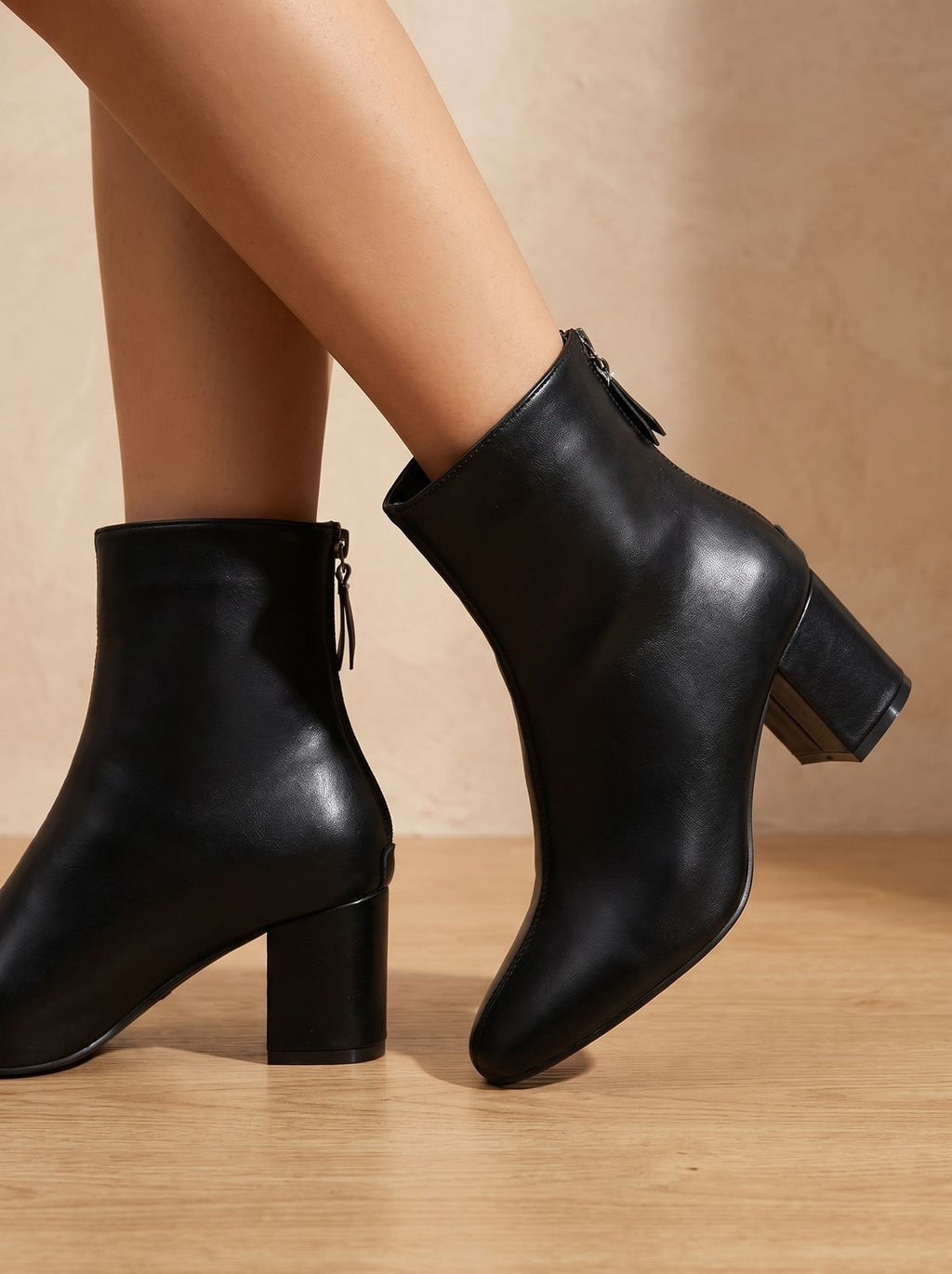 Women's Smooth Pointed Toe Side-Zip Booties with Block Heel