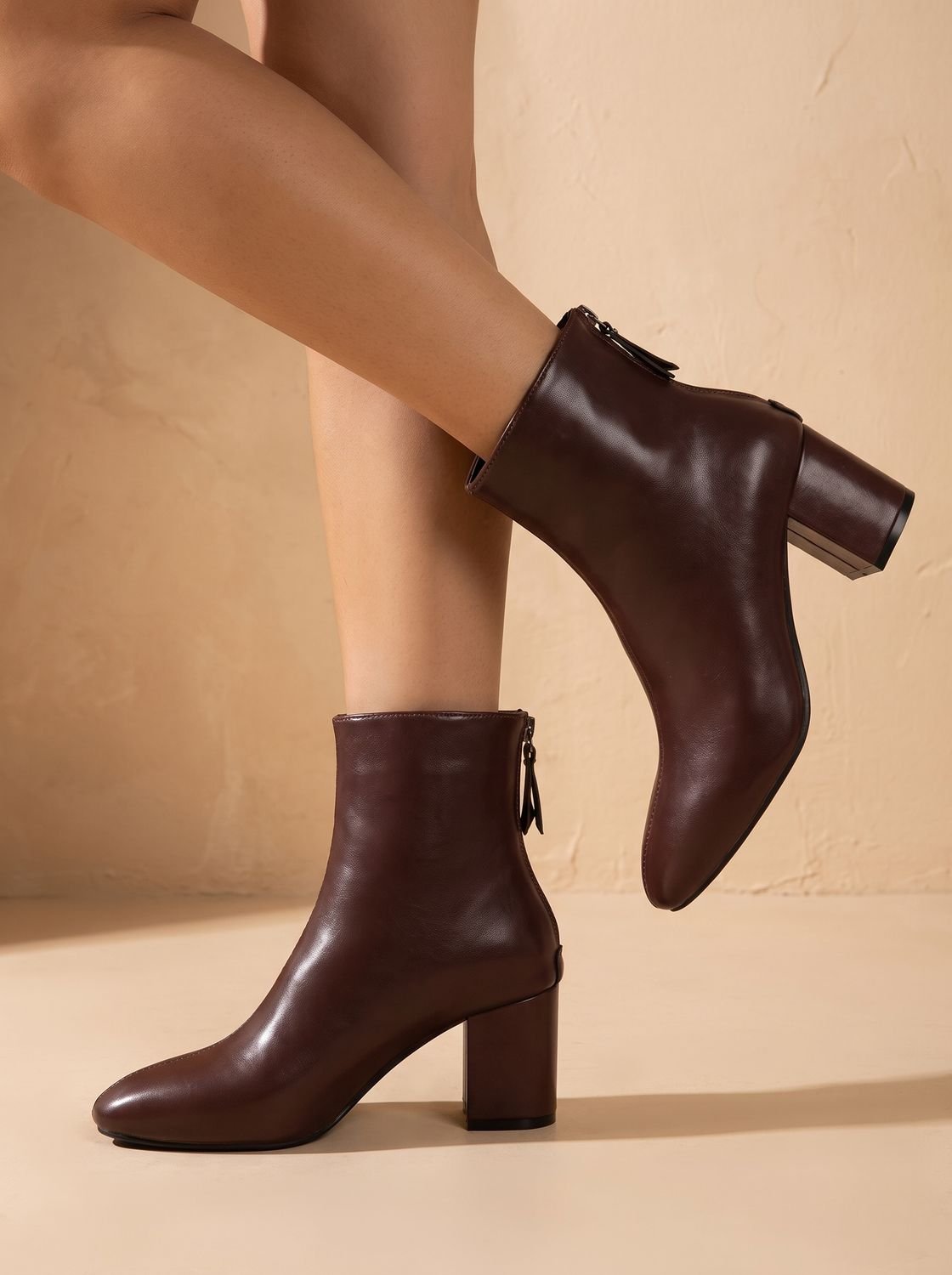 Women's Smooth Pointed Toe Side-Zip Booties with Block Heel
