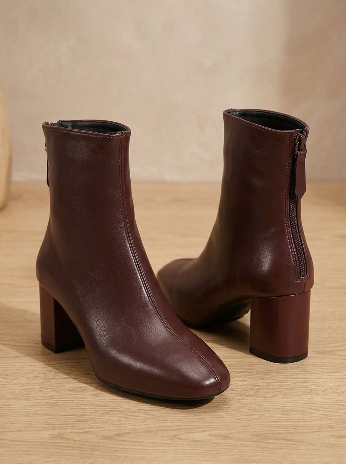 Women's Smooth Pointed Toe Side-Zip Booties with Block Heel - Red