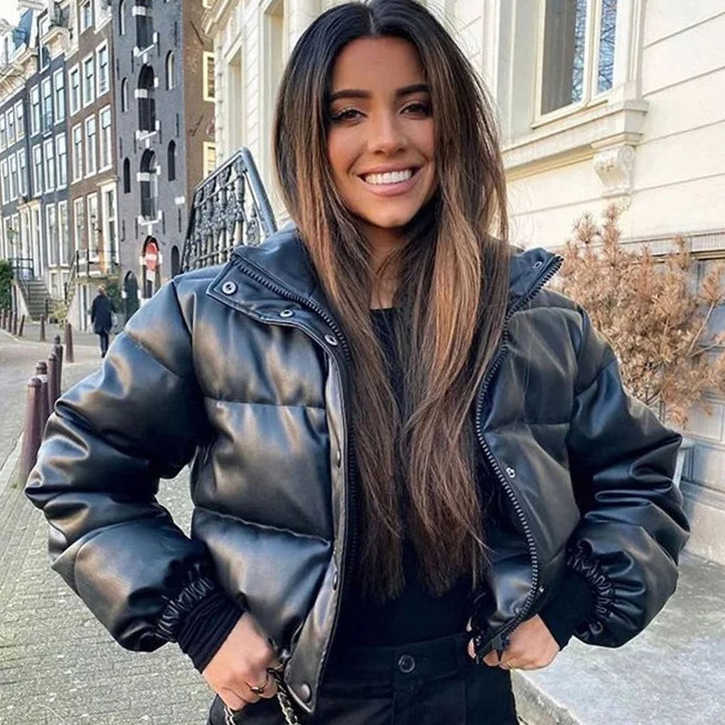 Women's Zip-Up Faux Leather Winter Puffer Jacket with Hood - Black