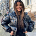 Women's Zip-Up Faux Leather Winter Puffer Jacket with Hood - Black