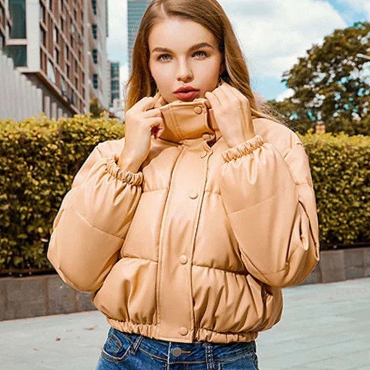 Women's Zip-Up Faux Leather Winter Puffer Jacket with Hood