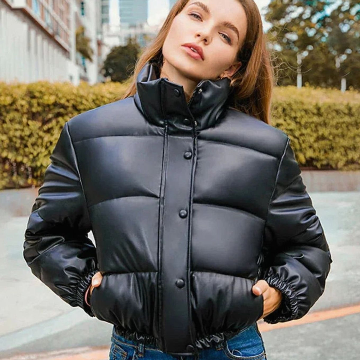Women's Zip-Up Faux Leather Winter Puffer Jacket with Hood
