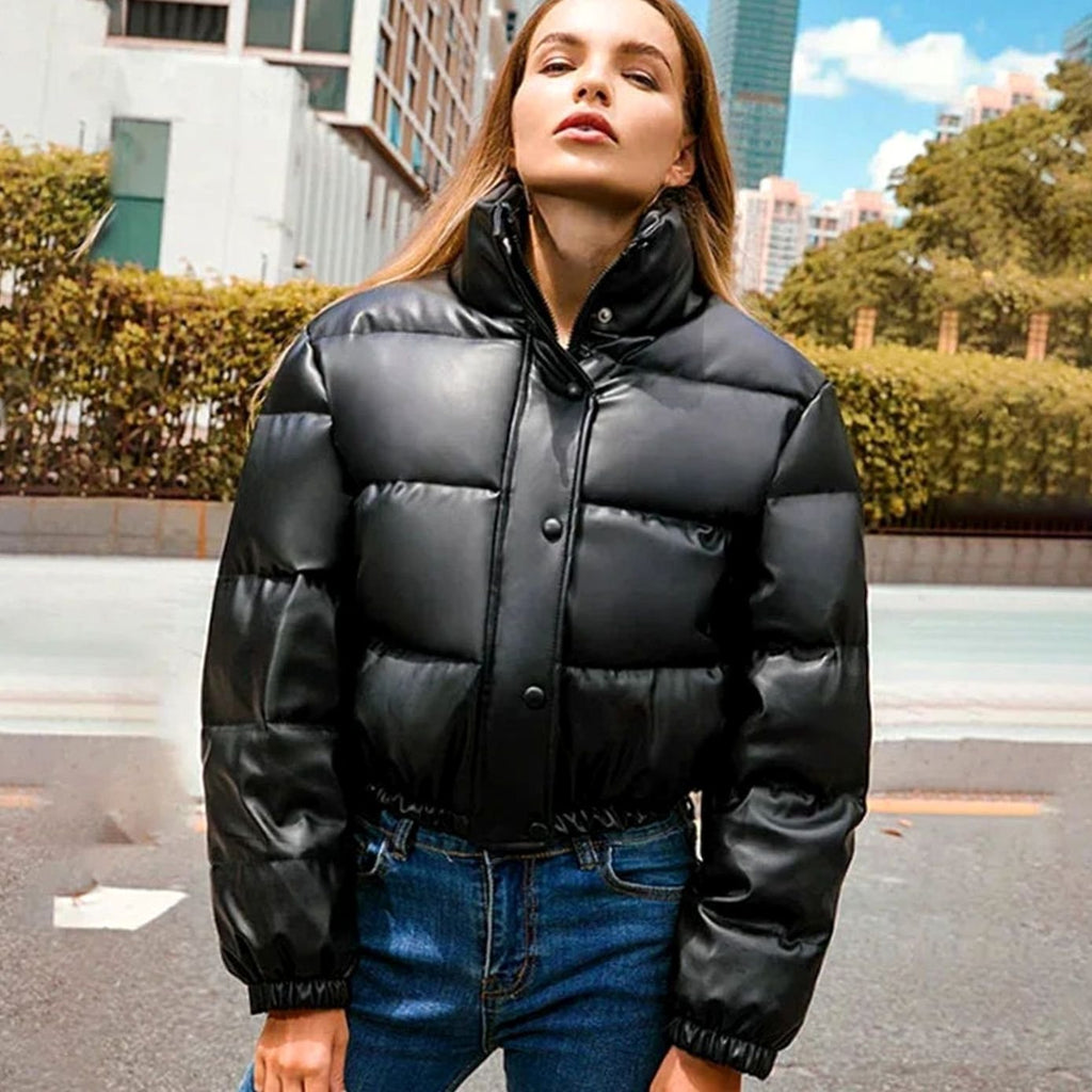 Women's Zip-Up Faux Leather Winter Puffer Jacket with Hood