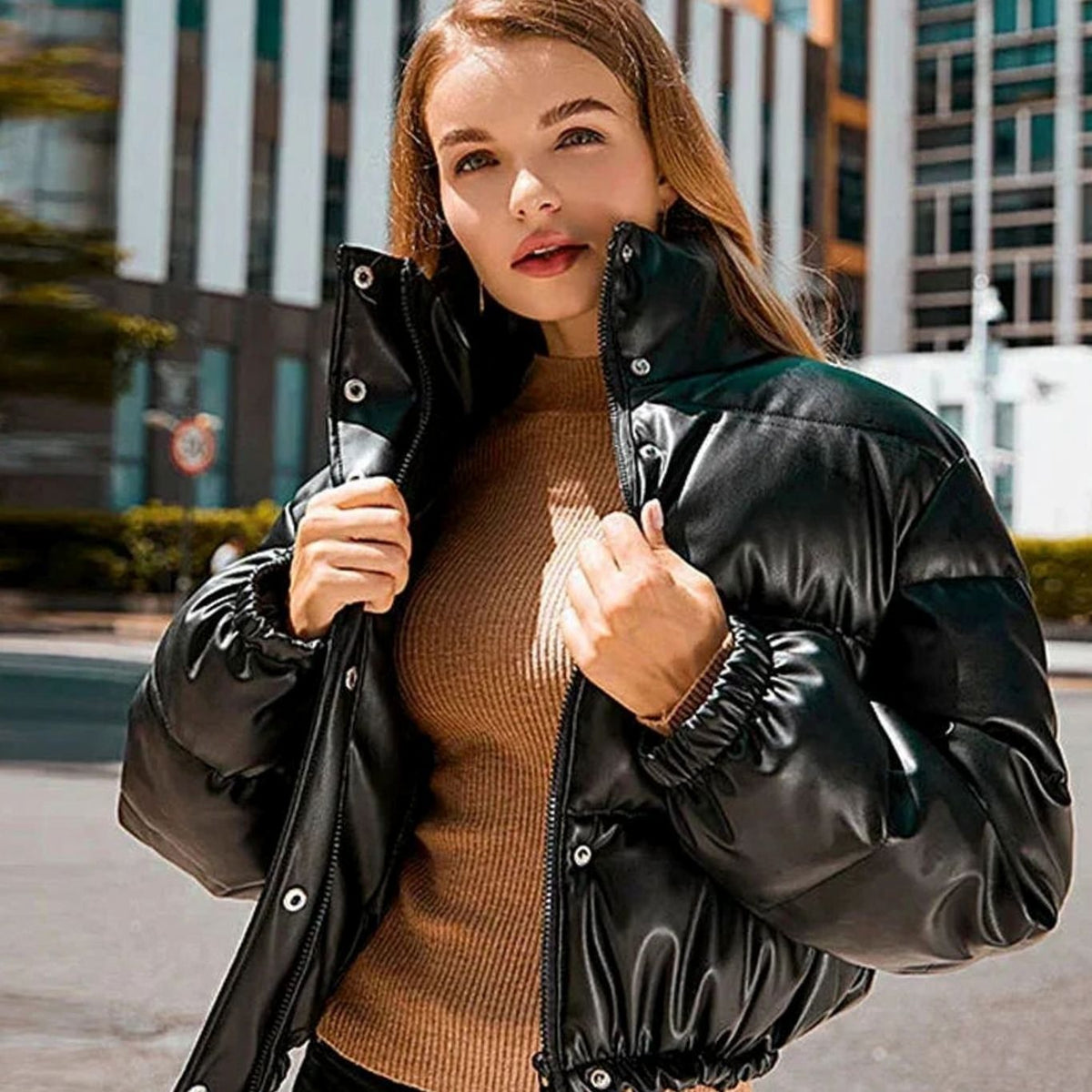 Women's Zip-Up Faux Leather Winter Puffer Jacket with Hood