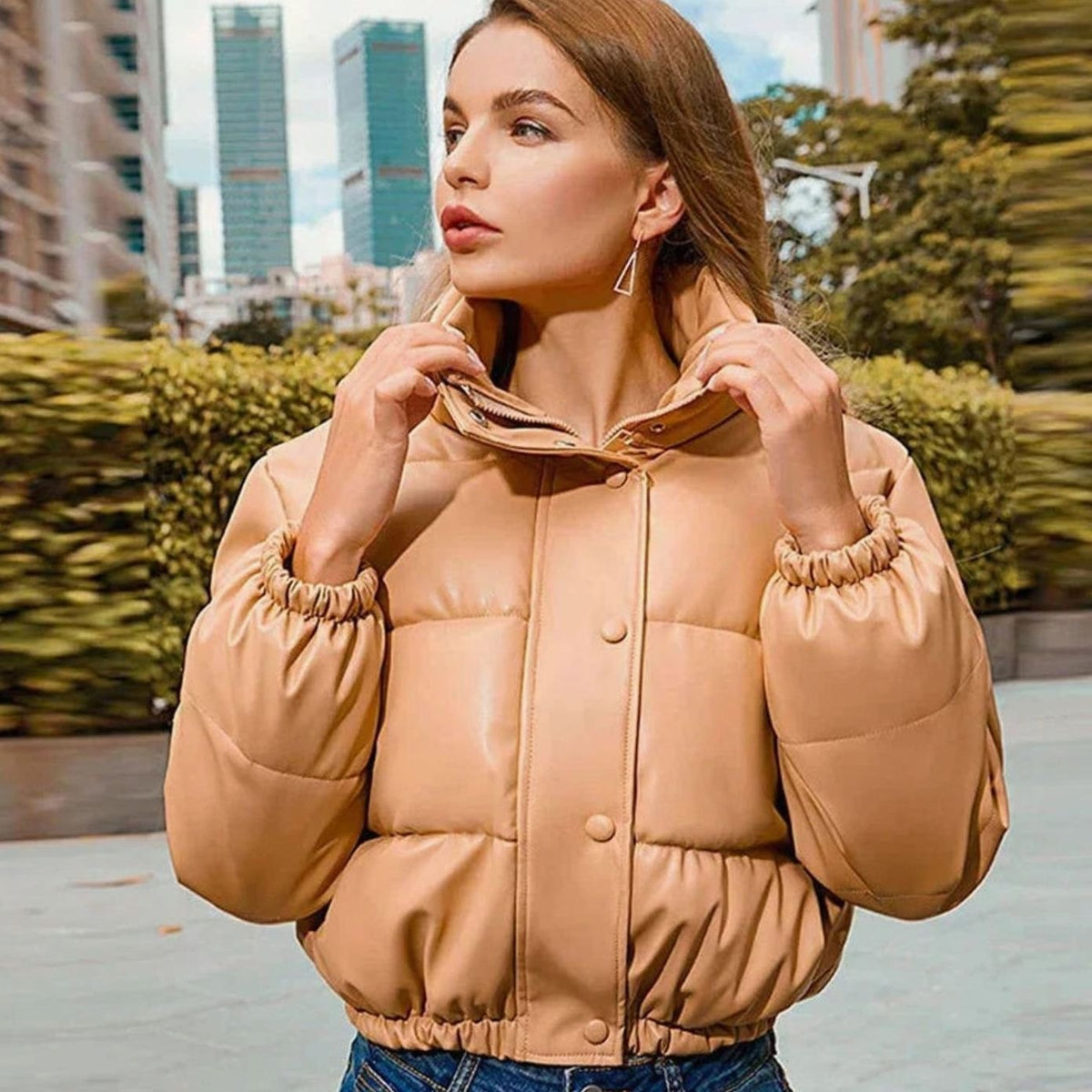Women's Zip-Up Faux Leather Winter Puffer Jacket with Hood - Khaki